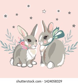 Two cute bunny on a gently pink background. Vector illustration.