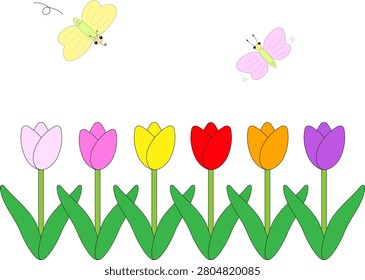 Two cute butterflies fluttering over colorful tulip
