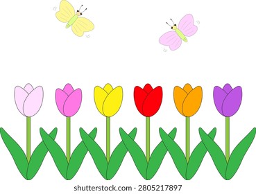 Two cute butterflies fluttering over colorful tulips