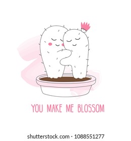 Two cute cactus hugs each other on a pink background. You make me bloom. Cactus with a flower. Kids Vector Illustration. Suitable for postcards, posters, T-shirts.