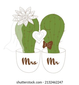 Two cute cactuses wedding in white pots. Bride with veil and groom with the bow tie cactuses.