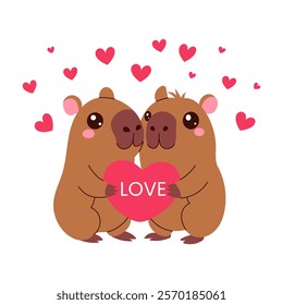 Two cute capybara holding a heart and the word love. The animals are hugging each other. The image is cute and heartwarming