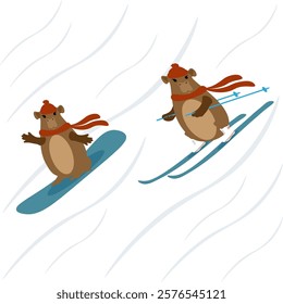 Two cute capybaras in a hat and scarf are riding in the mountains. The concept of a snow day and winter sports