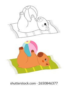 Two cute capybaras lies on a towel and plays with a beach ball.
