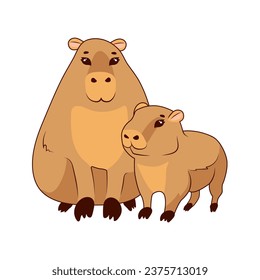 Two cute capybaras mother and baby on a white background