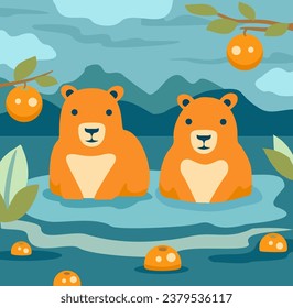 Dos diseños de vector Cute Capybaras. Capybaras en la fuente termal japonesa Onsen. Capibaras y naranjas. Dibujo de Kawaii, graciosa ilustración.