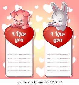 Two cute card for Valentine's Day with bunny and pig. Template card. Vector clip-art illustration in pink color.