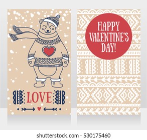 two cute cards for valentine's day with smiling bear, vector illustration