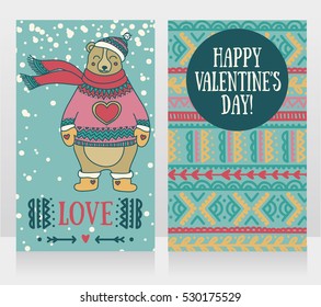 two cute cards for valentine's day with smiling bear, vector illustration
