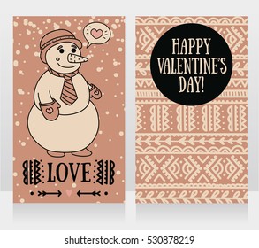 two cute cards for valentine's day with smiling snowman, vector illustration