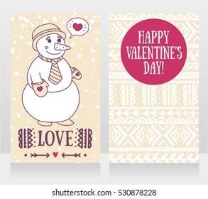 two cute cards for valentine's day with smiling snowman, vector illustration