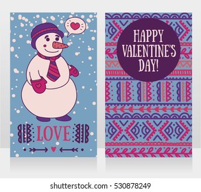 two cute cards for valentine's day with smiling snowman, vector illustration