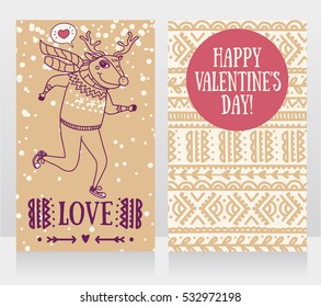 two cute cards for valentine's day with funny doodle deer, vector illustration