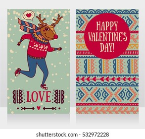 two cute cards for valentine's day with funny doodle deer, vector illustration