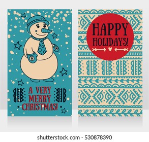 two cute cards for very merry christmas with smiling snowman, vector illustration