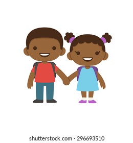 Two cute cartoon african american children with school backpacks smiling and holding hands. Older boy and smaller girl in dress with pigtails.