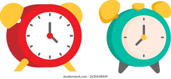 Two cute cartoon alarm clocks one red, one teal, both with yellow bells and legs. Bright, playful design ideal for time, reminders, schedules, or notifications in digital media and apps.
