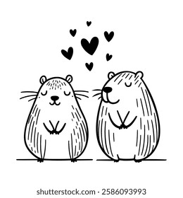 Two cute cartoon animals, capybaras, are holding hands and surrounded by hearts. Concept of love and affection