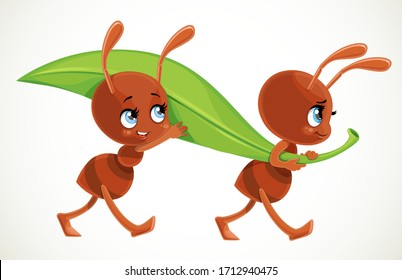 Two cute cartoon ants carry big green juicy blade of grass isolated on a white background