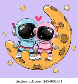 Two Cute Cartoon astronauts on the moon boy and girl