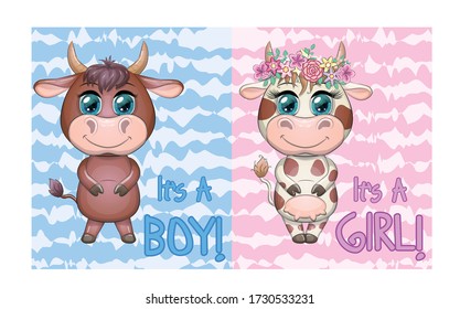 Two Cute Cartoon babies boy and girl, Cute cartoon cow and bull. Children's illustration