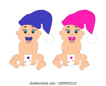 Two Cute Cartoon babies boy and girl.Cute newborn girl and boy. Vector illustration for baby shower, greeting card, party invitation, fashion clothes t-shirt print.newborn girl and boy.