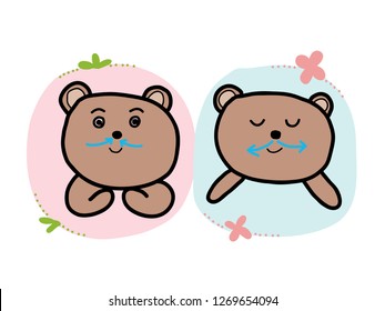 two cute cartoon bears demonstrating mindfulness breathing, on pink and blue background