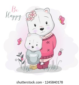 two cute cartoon bears in flower field