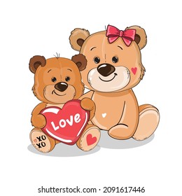 Two cute cartoon bears are holding a heart. Vector illustration of a mom with her son. Concept for Valentine's Day, Birthday, Mother's Day