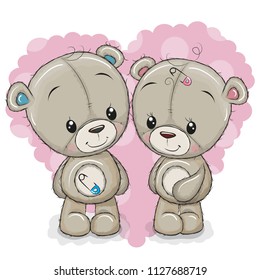 Two Cute Cartoon Bears on a background of heart