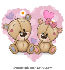 Two Cute Cartoon Bears on a background of heart