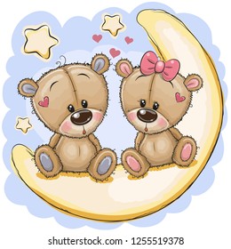 Two Cute cartoon Bears is sitting on the moon