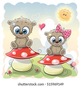 Two Cute Cartoon bears are sitting on mushrooms