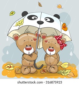 Two cute cartoon bears with umbrella under the rain