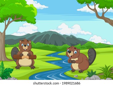 Two cute cartoon beavers in the jungle