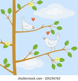 Two cute cartoon birds on the tree. Vector illustration