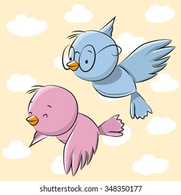 Two Cute Cartoon Birds on a sky background
