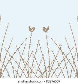 Two cute cartoon birds perched on pussy willow branches against a pale blue sky