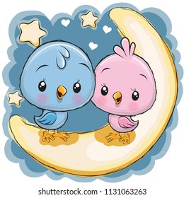 Two Cute Cartoon Birds is sitting on the moon