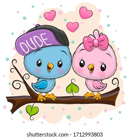 Two Cute Cartoon Birds is sitting on a branch