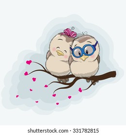 Dos pájaros de dibujos animados están sentados en una rama