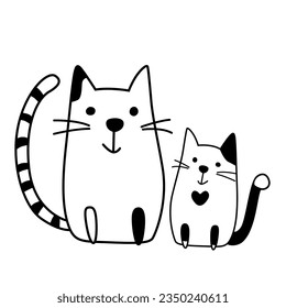 Two cute cartoon black and white cats - big mother with her little kitten, contemporary design, vector illustration