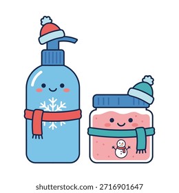 Two cute cartoon bottles, one a pump dispenser and the other a jar, are dressed for winter with scarves and hats, and decorated with snowflakes and a snowman.