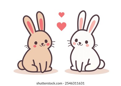 Two cute cartoon bunnies with hearts