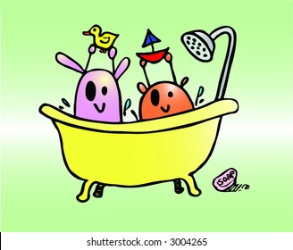 Two cute cartoon bunnies taking a bath - VECTOR
