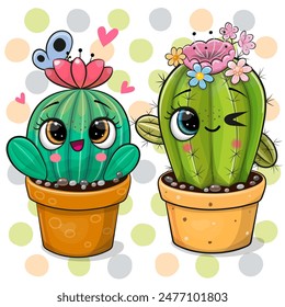 Two Cute Cartoon Cacti with butterflies