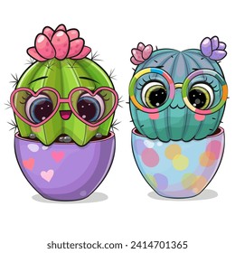 Two Cute Cartoon Cacti with glasses isolated on a white background