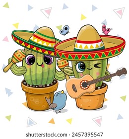 Two Cute cartoon cacti wearing a sombrero with a guitar and maracas