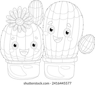 Two cute cartoon cactus in pot with little flower sketch template. Graphic vector illustration in black and white for games, background, pattern, decor. Coloring paper, page, story book, print