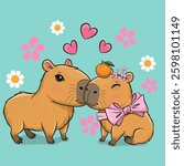 Two cute Cartoon capybaras on a blue background